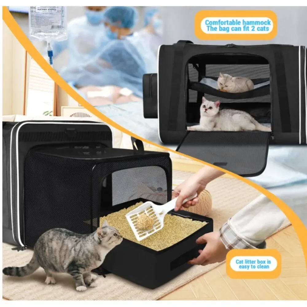 Petskd Store Side Expandable Extra Large Cat Carrier with Litter Box, Black